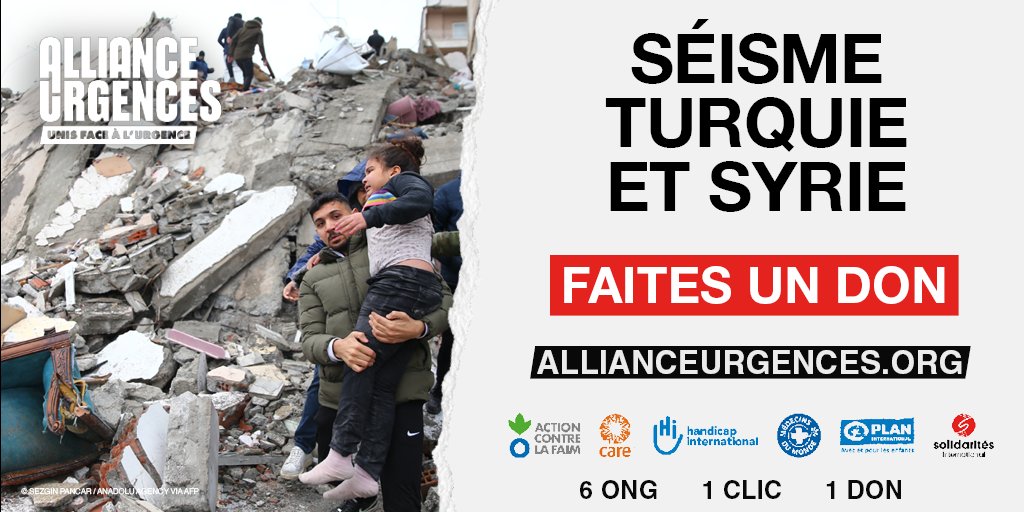 AUrgences's tweet photo. 🔴Un violent séisme de magnitude 7,8 a frappé ce lundi 6 février à l'aube le sud de la Turquie et le nord de la Syrie. Le bilan humain ne cesse de s'alourdir d'heure en heure.
Face à l'urgence, @AUrgences lance un appel à la solidarité !
Faites un don 👉 https://t.co/66zJM8Rhg3 https://t.co/5XtRiqSBNu
