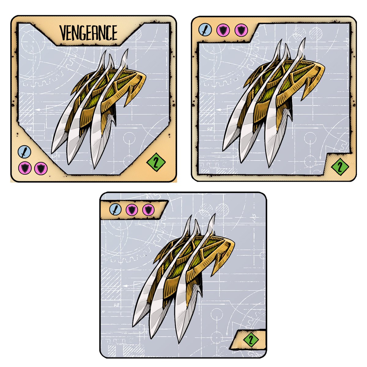 Playing with some card design options for my game Anvil, where you build weapons/armor...

Looking for thoughts on the mockups!

#boardgames #indieboardgames #boardgamedesign