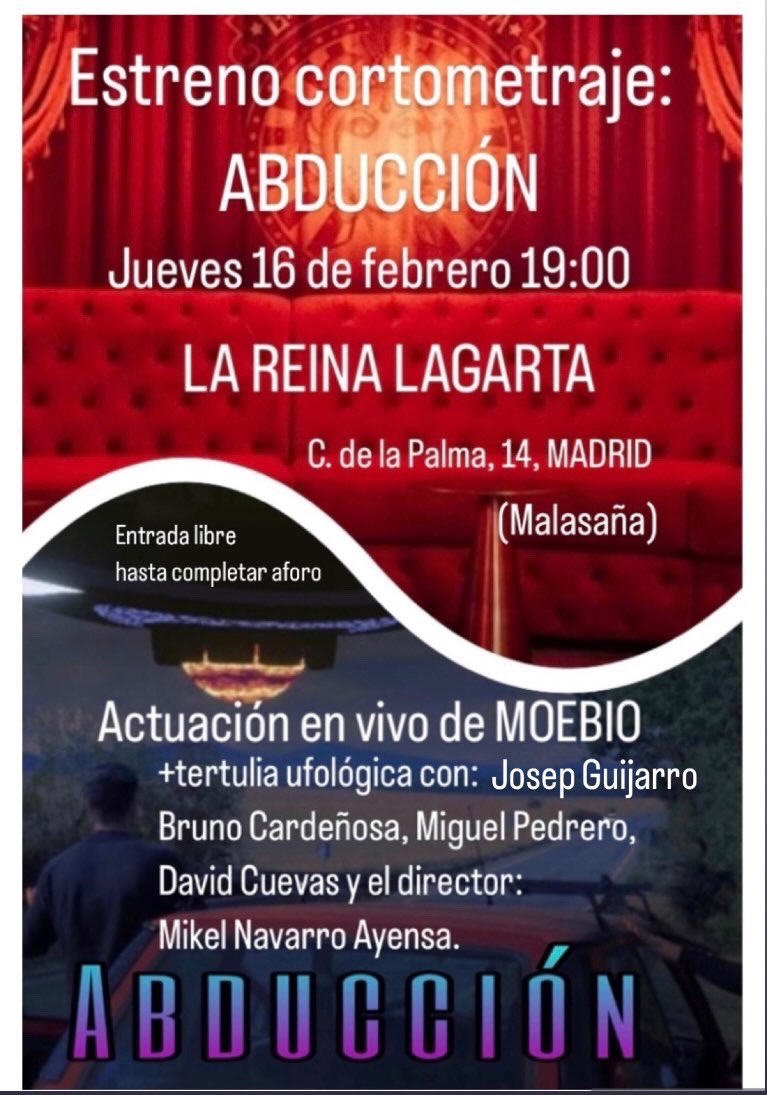 HECTORGERONIMO's tweet photo. El próximo jueves 16 de febrero estaremos tocando en el estreno del cortometraje “ ABDUCCION “
- La Reina Lagarta - Madrid - 19hs -
Gracias @MikelNavarroAye !!
Go @moebiorock !
🔥🛸🔥 #elpibevolador #moebianos https://t.co/bsHKtWUSLk