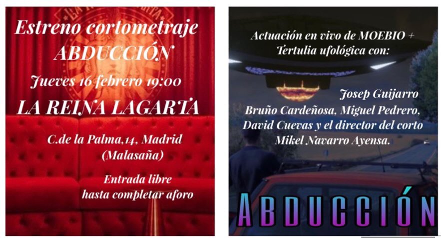 HECTORGERONIMO's tweet photo. El próximo jueves 16 de febrero estaremos tocando en el estreno del cortometraje “ ABDUCCION “
- La Reina Lagarta - Madrid - 19hs -
Gracias @MikelNavarroAye !!
Go @moebiorock !
🔥🛸🔥 #elpibevolador #moebianos https://t.co/bsHKtWUSLk