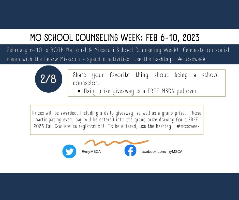 myMSCA's tweet photo. Today's Content Recommendation: Share your favorite thing about being a school counselor.
Daily prize giveaway is a FREE MSCA pullover.
#moscweek https://t.co/wNWjL9KxYZ