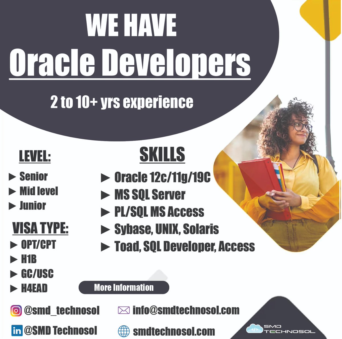 Still hiring Oracle Developers?
We have experienced Oracle Developers. If you're hiring feel free to contact us.
Follow and DM us for more information.
#recruitment #usajobs #hiring #smdtechnosol #usstaffing #dallas #texas #hrconsulting #oracle #oraclejobs #oracledeveloper