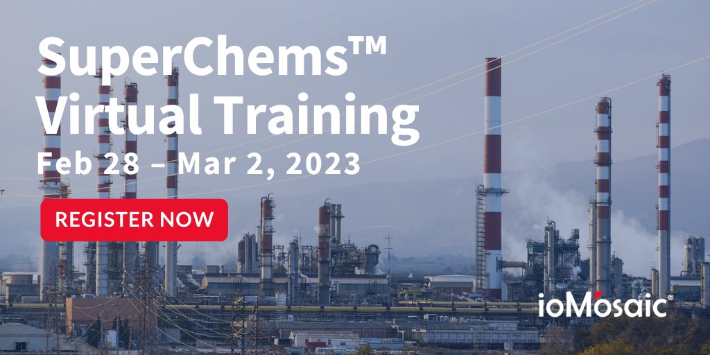 ioMosaic's tweet image. Hurry and register now! Time is running out. Learn how to work more efficiently and accurately in SuperChems™ v11.6, an advanced tool for PRFS design. bit.ly/3woAxGk
#reliefdesign #processsafetytraining