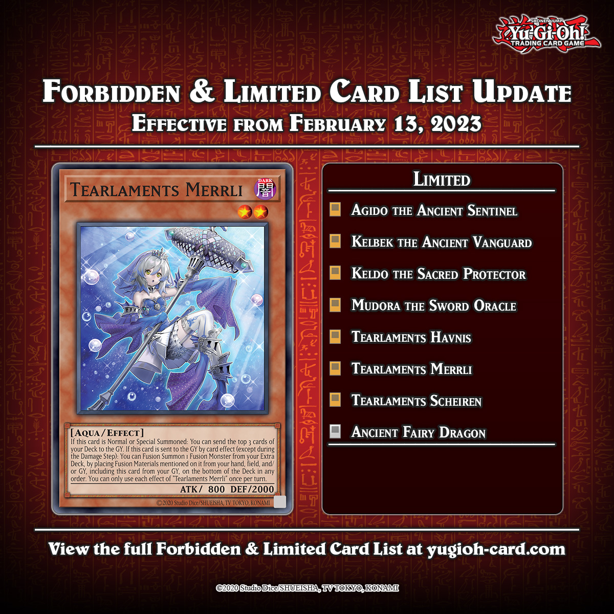 Attention Duelists! The #YuGiOhTCG Forbidden & Limited List has been  updated! These changes go into effect on 13th of February, 2023. Full list  can be found at: https://t.co/0xZbGovh8G #TearlamentsKitkallos  #TearlamentsMerrli #YataGarasu
