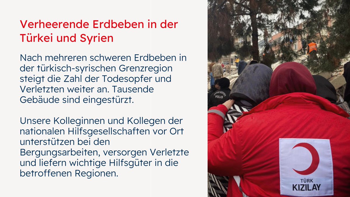 #Erdbeben #Türkei #Syrien: Unsere Kolleginnen und Kollegen <a href="/kizilay/">Türk Kızılay</a> und <a href="/syredcrescent/">Syrian Red Crescent</a> unterstützen bei den Bergungsarbeiten, versorgen Verletzte und liefern wichtige Hilfsgüter in die betroffenen Regionen.

👉🏻 Jetzt den Menschen helfen: drk.de/spende <a href="/roteskreuz_de/">Deutsches Rotes Kreuz</a>