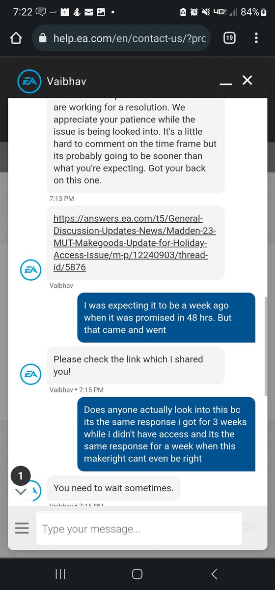 dohms92's tweet photo. @MaddenNFLDirect @EAHelp And another 6 days following my ea help chat, and this is after they said to be patient and they esculate it. I dont understand how a make right that others got takes so long, especially when my account was down for almost a month following xmas bc of servers. Unacceptable https://t.co/dXCIgvdv2k