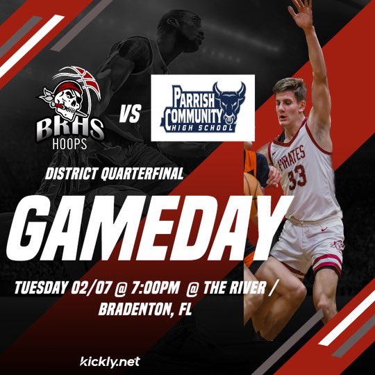 Game day tomorrow, 2/7…district quarterfinal vs. Parrish!!!  We need all our Pirates fans to show up!!!  WE ARE BR!!! Game time is 7p NOT 730p like normal.