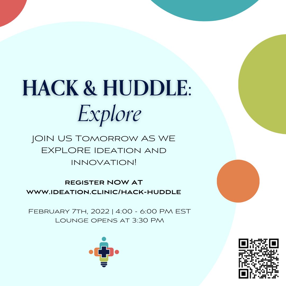 IdeationClinic's tweet photo. Tomorrow is the day! We welcome you to join us today with our Hack &amp; Huddle session! You will get a chance to hear from various speakers on the topics of ideation and innovation such as Dr. Joseph Ferenbok and Ateeya Manzoor

#hackhuddle #ideation #innovation #healthcare https://t.co/Tj9q9Bvu6d