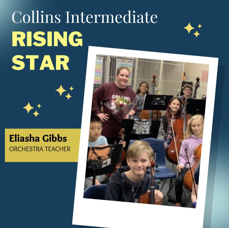 The celebration continues! Our Rising Star award goes to Eliasha Gibbs, our Orchestra teacher! Congratulations! 🎈 🎈 🎈we are so fortunate to have such amazing talent! #orchestra #musiceducation #BetterTogether #schoolculture <a href="/ConroeFineArts/">Dr. Robert Horton</a>