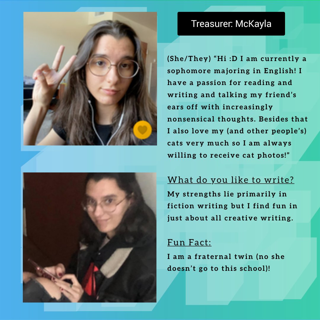 WriteTheClub's tweet photo. #OfficerOfTheDay is #Treasurer: McKayla!

Less than a month in, Mick has been working hard behind the scenes to revamp our #Discord channel with other Officers. They have prior experience running other student organizations, and we're looking forward to learning from them. 🤩 https://t.co/2SPGpfrz71
