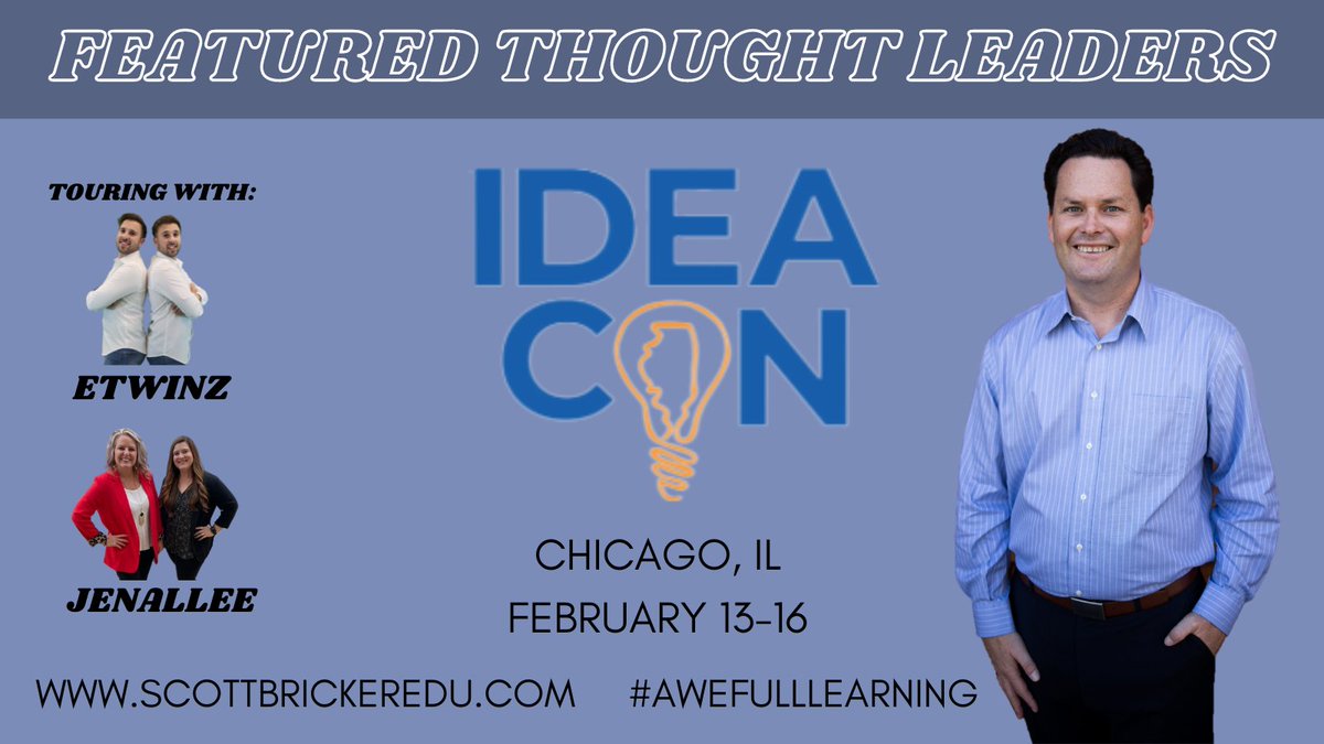 ScottBrickerEDU's tweet photo. One week from today we will be w/ everyone @ideaillinois for #IDEACon! Cannot wait to share 12 more wonderful sessions alongside my friends @eTwinzEDU &amp; @Jenallee1 w/the wonderful educators who will be there. Look out #WindyCity, here we come!!! #Five4Learning #AweFullLearning https://t.co/RCrCkWLUKo