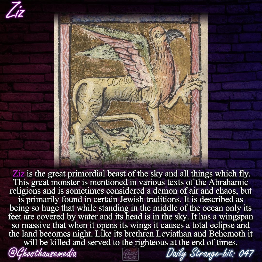 ghosthausemedia's tweet photo. Daily Strange-Bit: 047
Ziz
Type: Mythology (Demon/ Archetypical Chaos Beast)

Of the three big beasts of the bible, Ziz is certainly the least known.

#Ziz #behemoth #leviathan #demonology https://t.co/6qsokkh8Ri