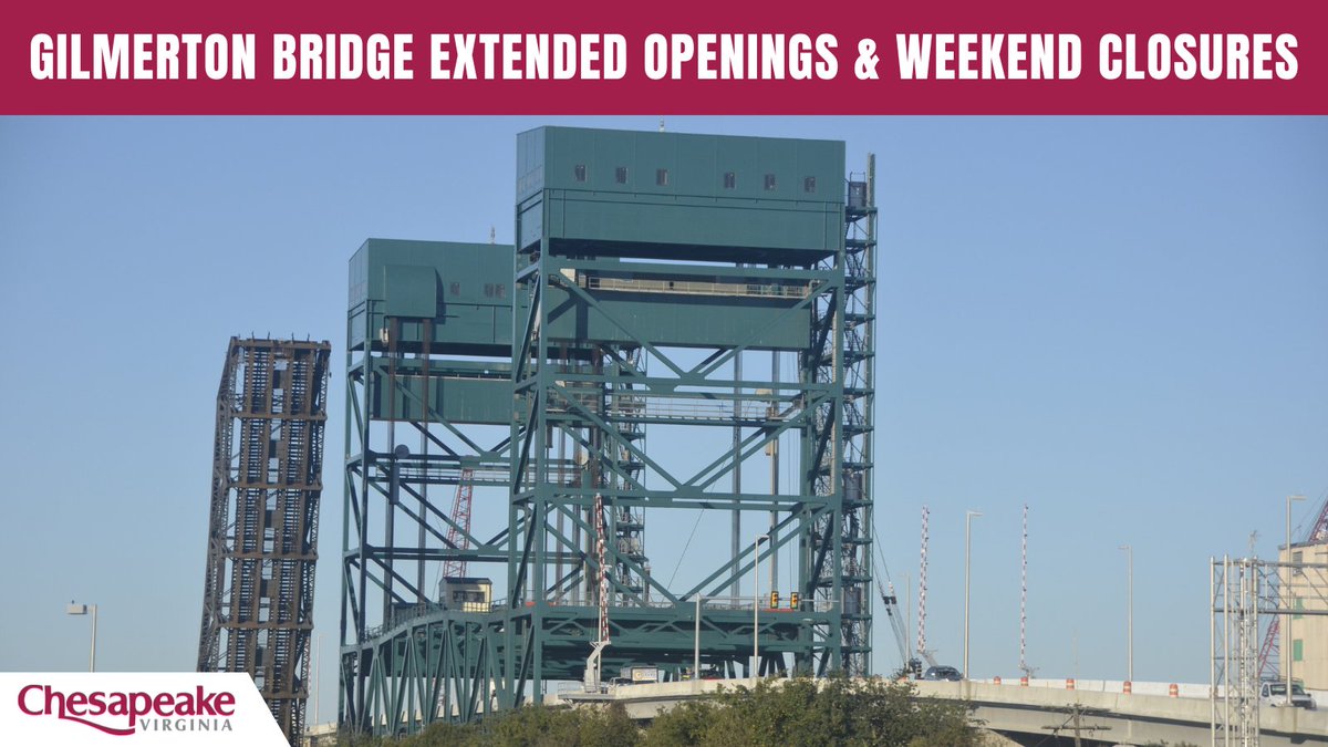 ChesapeakeRoads's tweet photo. ⚠️TRAVEL ADVISORY⚠️: The Gilmerton Bridge on South Military Highway will be closed to vehicle traffic for six consecutive weekends beginning the weekend of February 17 to allow for important bridge improvements. https://t.co/gatSeW3f7q