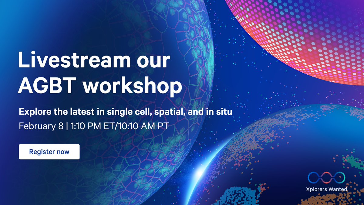 10xGenomics's tweet image. Can&apos;t be at AGBT this year? You can still livestream our Silver Sponsor workshop, and explore new single cell, spatial, and in situ advances. Register now: 10xgen.com/3RCrCdR