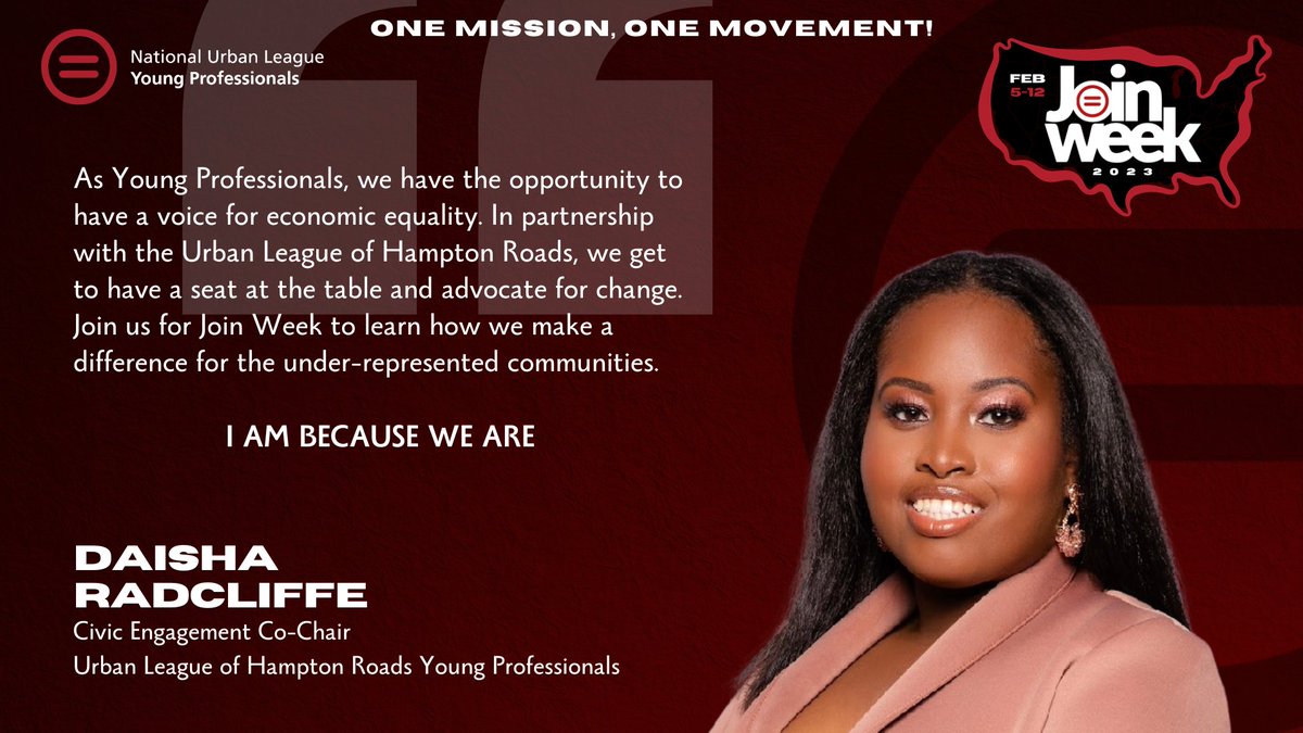 UrbanLeagueHR's tweet image. Meet Daisha Radcliffe, Civic Engagement Co-Chair of the Urban League of Hampton Roads Young Professionals at #JoinWeek. Events are FREE! Register here: ypulhr.eventbrite.com #OneMissionOneMovement #IAmBecauseWeAre