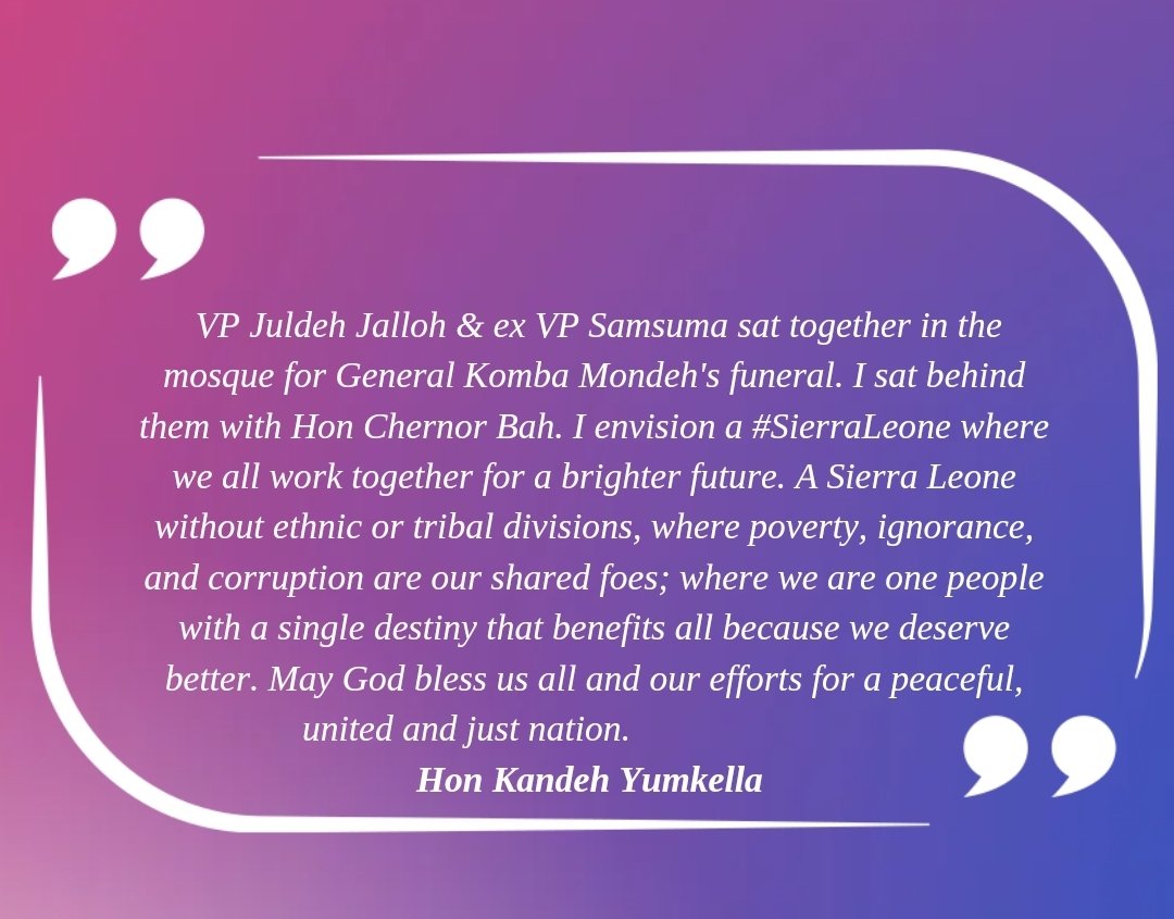 <a href="/KYumkella/">Hon. Kandeh Yumkella</a> <a href="/DrYumkella/">Dr Yumkella For President</a> <a href="/juldehjalloh_vp/">VP Mohamed Juldeh Jalloh</a> <a href="/samurakamara201/">SamuraKamara2023</a> <a href="/HonChernor/">Hon. Chernor Ramadan Maju Bah</a> <a href="/ChiefSamSumana/">Samuel SamSumana</a> <a href="/kamaraanthony1/">Anthony Kamara</a>