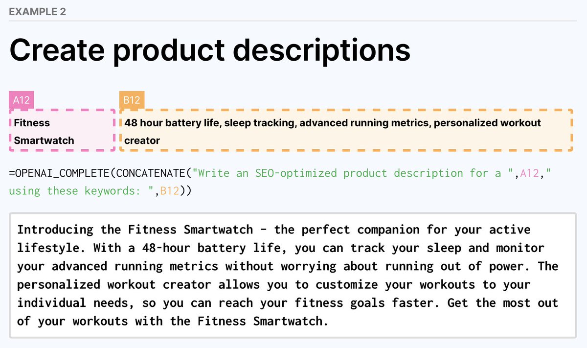 spreadsheetcom's tweet image. 2/ Create Product Descriptions: Give #OpenAI a product name and a list of keywords, and let it write a product description that&apos;s ready to post on your online store or ecommerce platform.  
buff.ly/3Rrq6vm #GetSheetDone