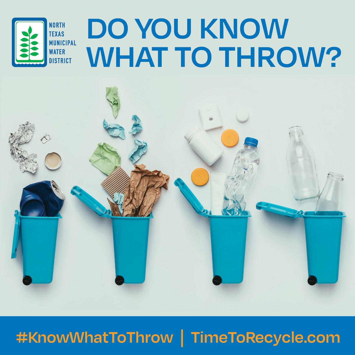 NTMWD's tweet image. Are you a recycling pro? ♻️ Even if you think you know what belongs in your recycling bin, incorrect items can do more harm than good. #KnowWhatToThrow so recyclables don&apos;t end up in a landfill. Take the quiz to see which items belong in the recycling vs. trash @TimeToRecycle.