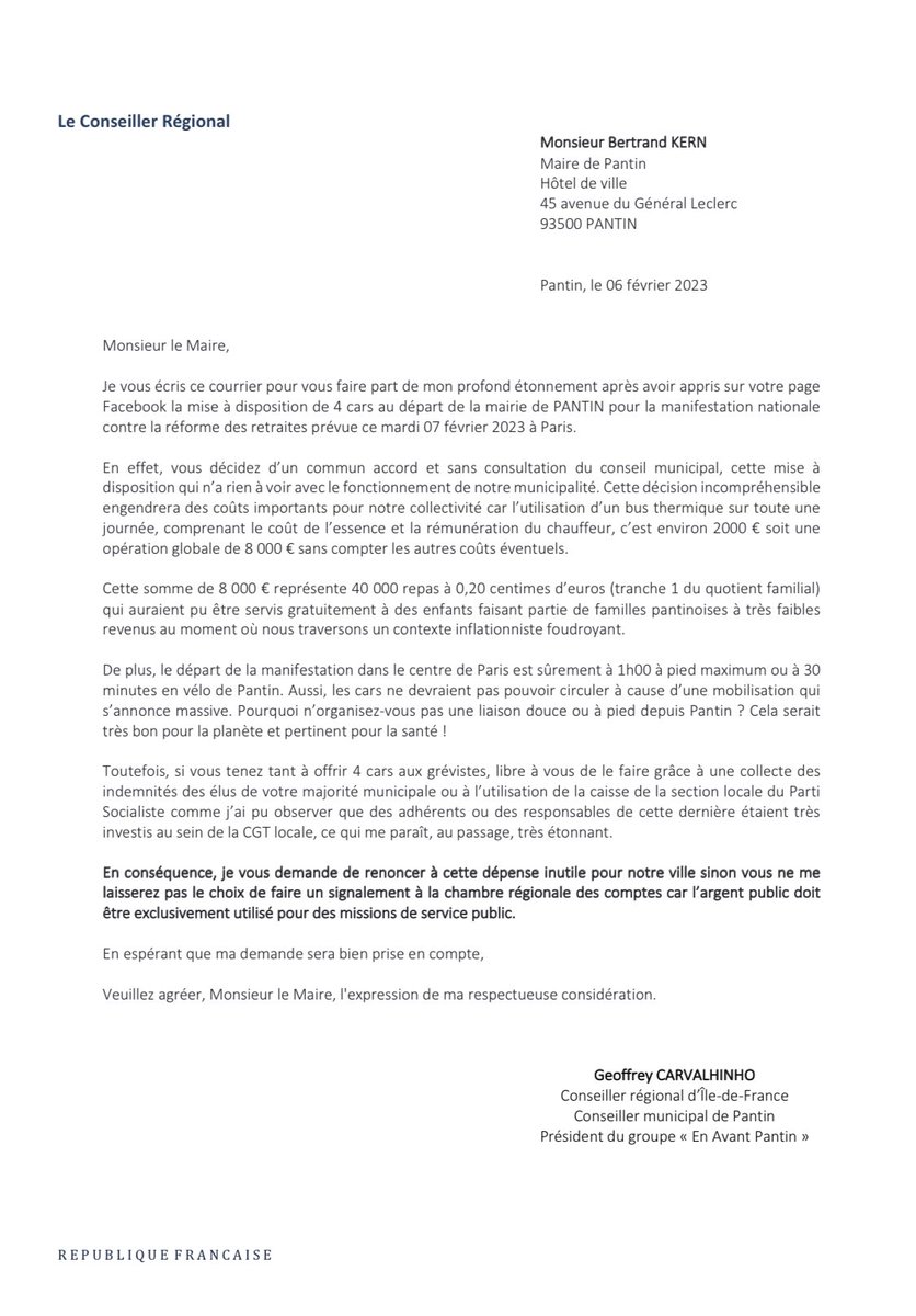 GeoffreyCarva's tweet photo. Après #Pantine, le maire de #Pantin offre, sur les deniers publics, 4 cars à la CGT pour se rendre à la #greve7fevrier contre #ReformeDesRetraites à Paris… Je demande à l’équipe municipale de renoncer à cette dépense qui n’a rien à voir avec le fonctionnement de la ville ⤵️ https://t.co/3kViOJo8aL