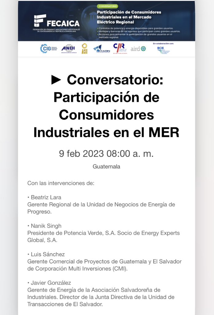 NanikSinghC's tweet photo. 📣Anota la Fecha! 
⚡️Primer conversatorio: "Participación de Consumidores Industriales en el MER" #MercadoElectricoRegional 
🗓️jueves 09 de febrero

Registro: https://t.co/7A6pvfcAO5

#GrandesClientes #GrandesUsuarios #PotenciaVerde✅
#Renovables☀️🌬️💧#Centroamerica 
🇬🇹🇭🇳🇸🇻🇳🇮🇨🇷🇵🇦 https://t.co/rWBsUAiB9y