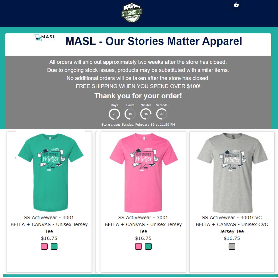 MASL Spring Conference T-shirts: Our Stories Matter! 
Note that shipping is free if you spend $100.
Click here to order: bit.ly/3WPDsT8
*there will be a limited quantity available in person at the conference so be sure to order ahead of time!