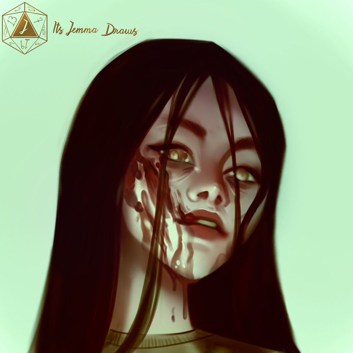 solo blood 1girl blood on face long hair black hair portrait  illustration images