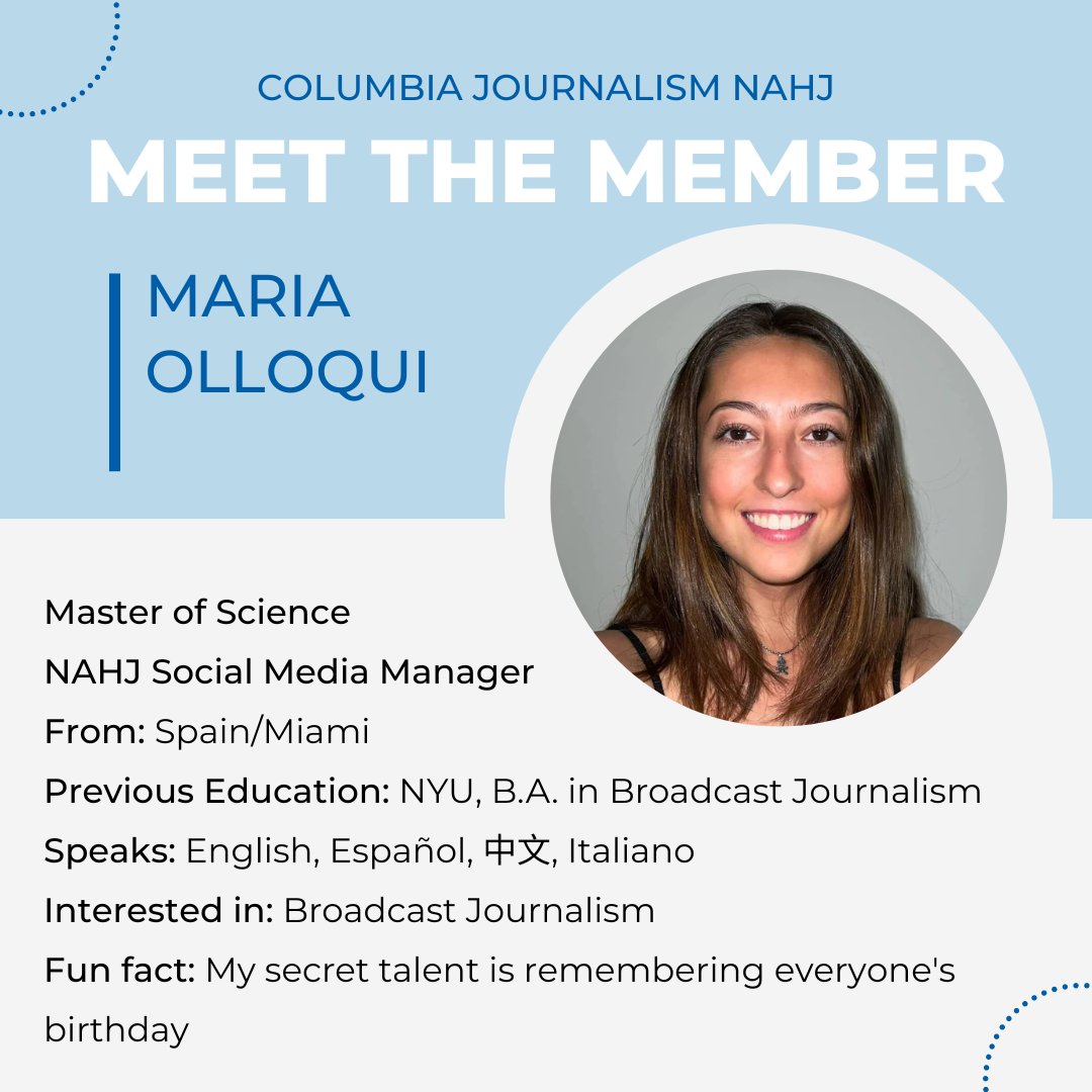 Kicking off our Meet the Member spotlights this week. Meet <a href="/OlloquiMaria/">Maria Olloqui</a>, our NAHJ Social Media Manager and a full-time M.S. student at the j-school!
#NAHJ #MeetTheMember #CJSNAHJ #ColumbiaJournalism