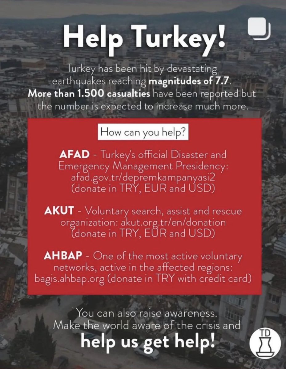 Help Turkey!

For government office: afad.gov.tr/depremkampanya… (TRY, EUR, USD). 

Voluntary organizations:
akut.org.tr/en/donation (TRY, EUR, USD)
bagis.ahbap.org (TRY with credit card)