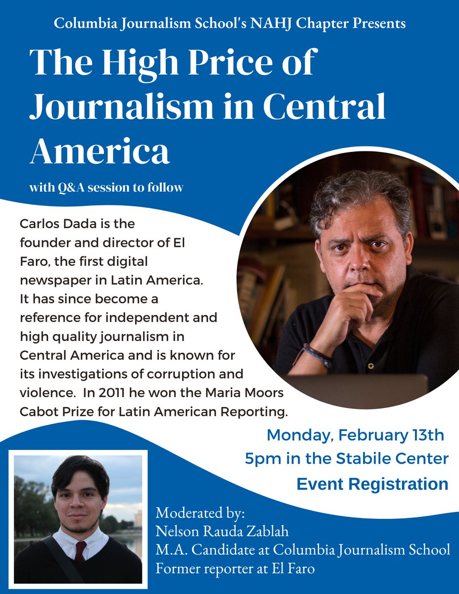 ¡Feliz lunes! Join us for a discussion with Carlos Dada, the founder and director of El Faro, next Monday (Feb 13). Please register at this link if you can attend: eventbrite.com/e/534007359387

#NAHJ #ComingUp #LatinosInJournalism
