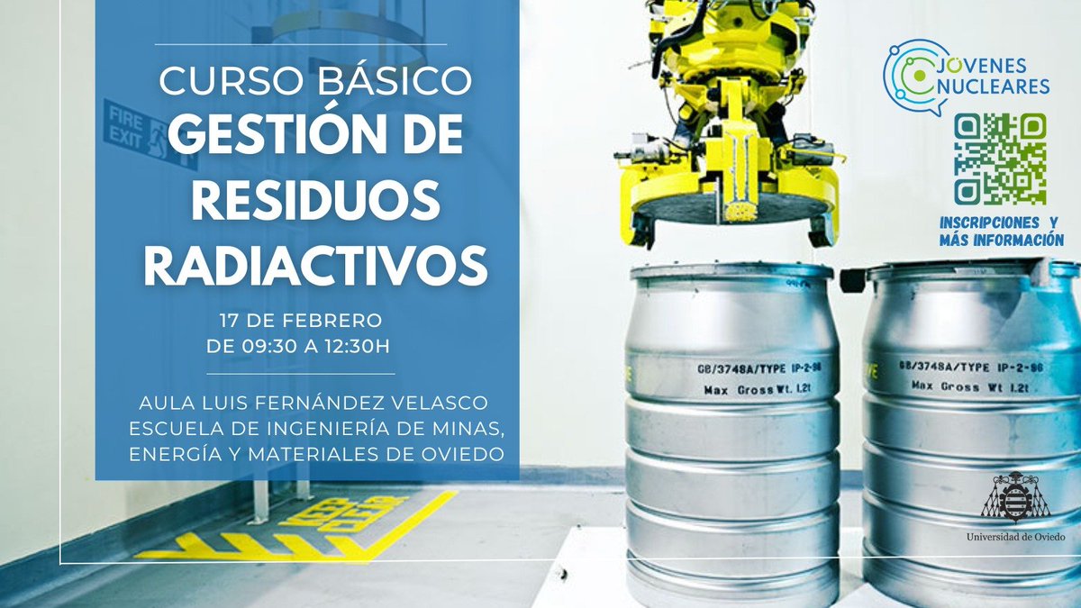 jjnucleares's tweet photo. 🚨 El próximo 17 de febrero estaremos en la Universidad de Oviedo para ofreceros una nueva edición del Curso Básico de Gestión de Residuos Radiactivos. El principal objetivo de este curso es dar a conocer los aspectos más relevantes de la gestión de los residuos #nucleares ⚛️ https://t.co/RuliKMMXkG