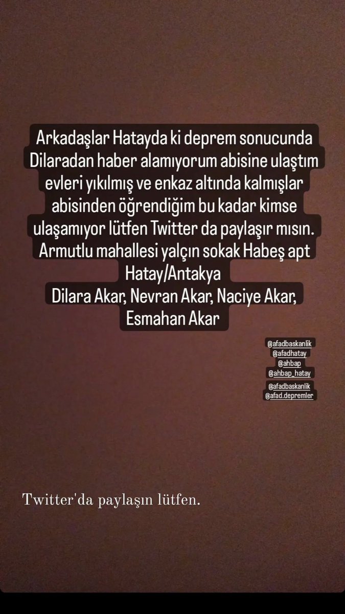 gizemkelees's tweet photo. Arkadaşlar yayalım lütfen arkadaşıma ulaşılamıyor armutlu mahallesi yalçın sokak habeş apt hatay/antakya #deprem #DEPREMOLDU https://t.co/Nxk06F5q4q