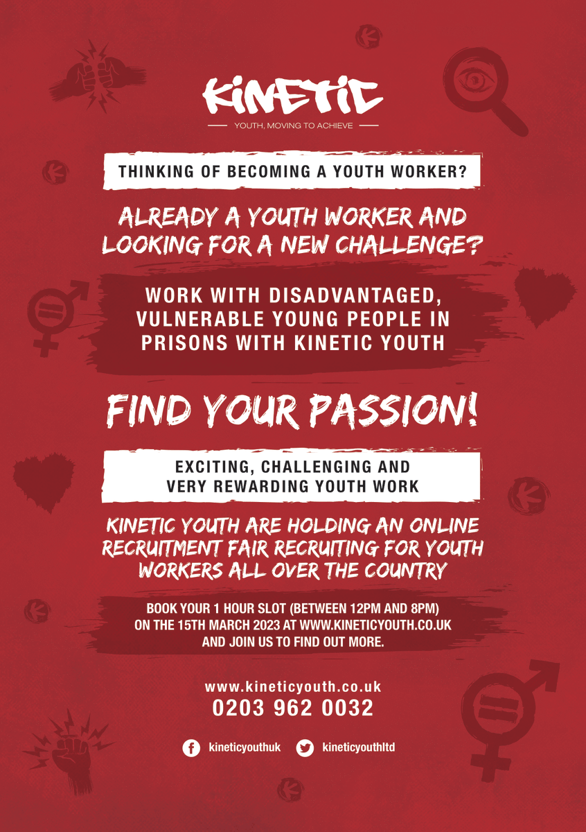 Kinetic Youth are holding a recruitment fair on the 15th March between 12PM and 8PM.

You can book onto one of the 1 hour slots by visiting the link below and we look forward to meeting you there!
#YouthWork #recruitment 
kineticyouth.co.uk/recruitment-fa…