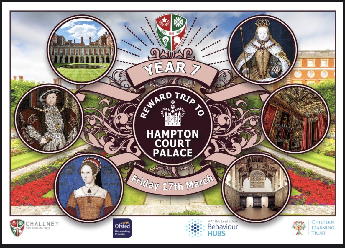 CHSBHumanities's tweet photo. We’re happy to announce a very exciting opportunity for year 7 to visit Hampton Court Palace next month! Invitations have been sent via ParentMail, due to the workshops booked places are very limited so please RSVP soon, if you have any questions please speak to Ms Robson 😀 https://t.co/rGBsTXOZnl
