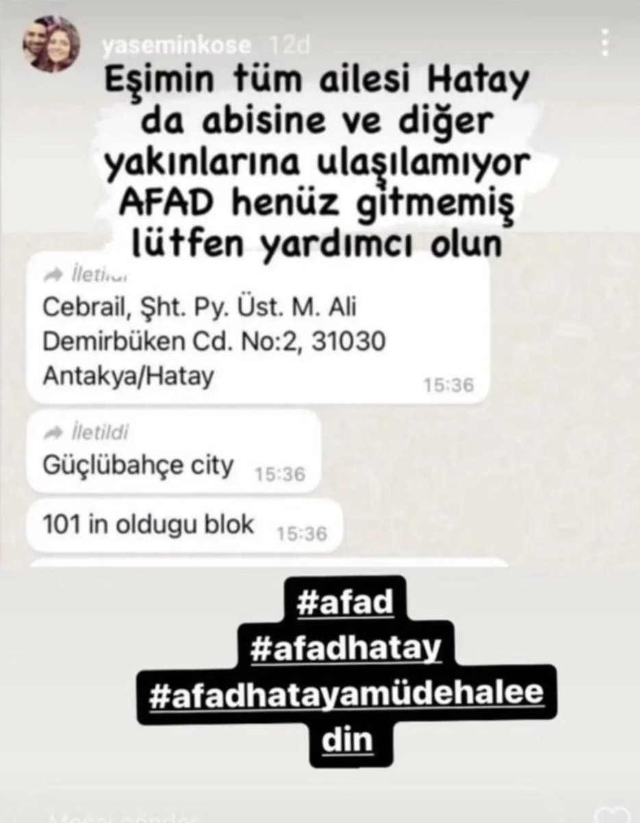 Hatay’da arkadaşımın ailesi göçük altında, sesleri geliyormuş fakat yardım eden kimse yok saatlerdir bekliyorlar. Acil yardım lazım! Paylaşalım lütfen.