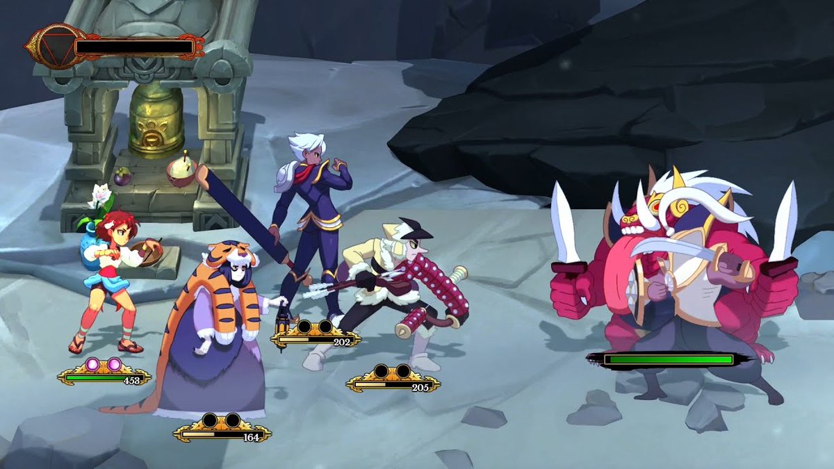 Korambu's tweet photo. @Balthy__ Indivisible. Un jeu qui mélange des phases de rpg (vaguement à la M&amp;L) et de plateforme. Ces deux faces ne sont pas maitrisés à fond mais il y a de quoi passer du bon temps et il y a des personnages assez cools et de bons charadesigns. 40€, à prendre en promo d'après moi. https://t.co/neQwcXjr62