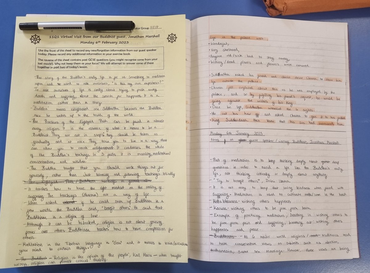 resayer's tweet photo. What a complete joy it was to have Jonathan M join my yr11 GCSE class today to discuss his faith &amp; practices as a Tibetan Buddhist. You can tell from these student notes just what an impact he had on their learning 🤩
@pcfcd_updates @TeamRE_UK  #reteacher #edutwitter https://t.co/3snVRX10vB