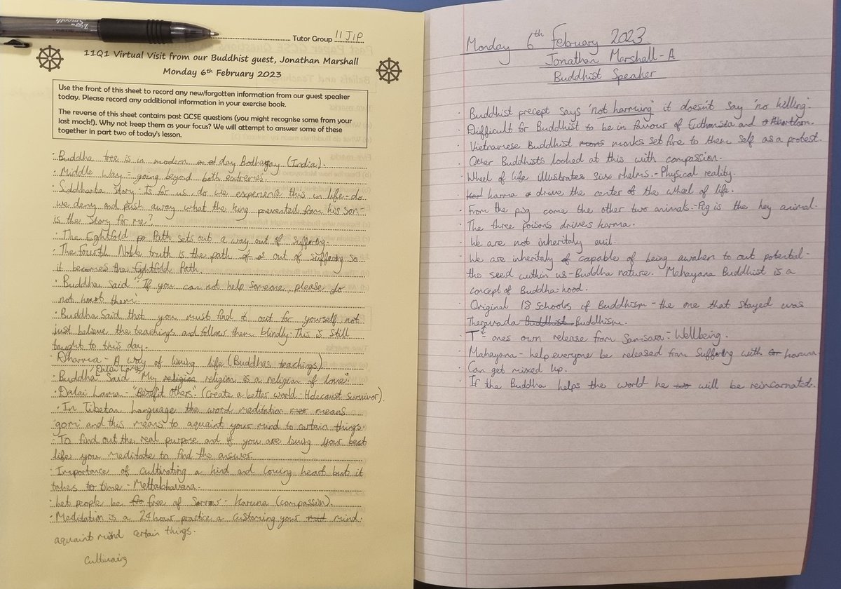 What a complete joy it was to have Jonathan M join my yr11 GCSE class today to discuss his faith &amp; practices as a Tibetan Buddhist. You can tell from these student notes just what an impact he had on their learning 🤩
<a href="/pcfcd_updates/">PCFCD</a> <a href="/TeamRE_UK/">TeamRE</a>  #reteacher #edutwitter
