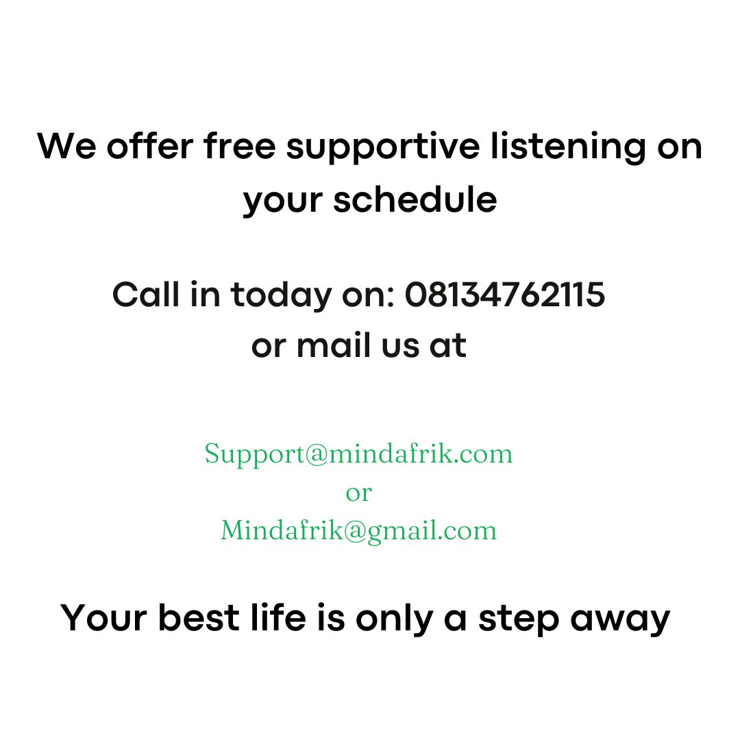 mindafrik's tweet image. Send a DM today! for we are a message, mail or call away.
Support@mindafrik.com and we offer supportive listening at MINDAFRIK.

#signsofdepression
#depressionisreal
#supportivelistening
#Therapy
#Mindafrikcommunity
#Mindafrik