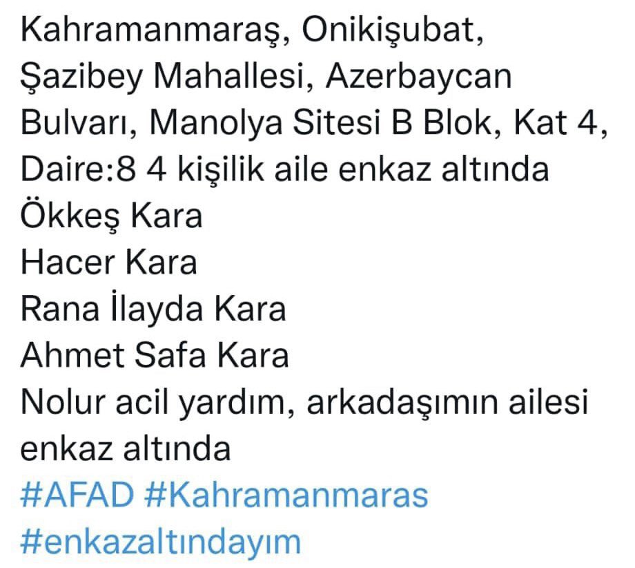 mervekaratel's tweet photo. Öğrencimiz ve ailesi enkaz altında, çaresizce yardım bekliyor😔 Lütfen, lütfen yardım!  #AFAD #AFADKahramanmaras #Kahramanmarasdeprem @haluklevent @AFADBaskanlik https://t.co/HAWgat2kky
