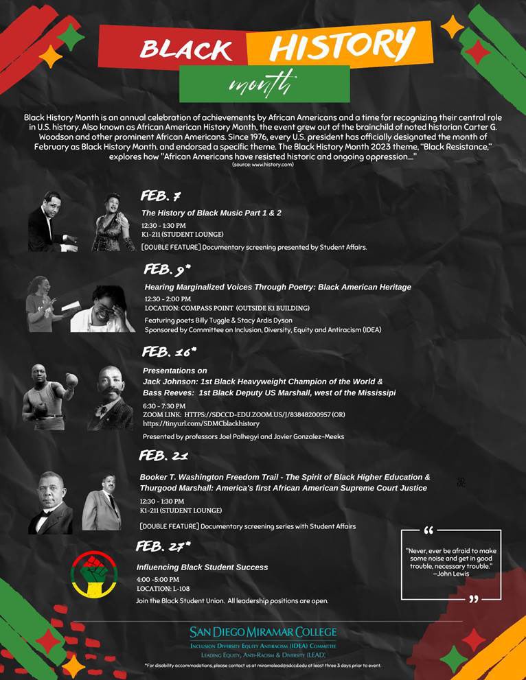 SDMiramar's tweet image. This week Miramar College kicks off its celebration of Black History Month with the following events