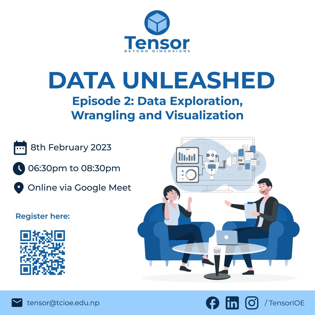 tensorioe's tweet image. Date: February 8 (Wednesday)
Time: 6:30 to 8:30 pm
Platform: Google Meet
Link: lnkd.in/gtawidkK
Questionaries / Registration here: lnkd.in/gFmvsnHK
Want to get updated with us? Check our previous episode:
Ep-1:- lnkd.in/gDcyWGnt
#TENSOR #IOE #DataUnleashed