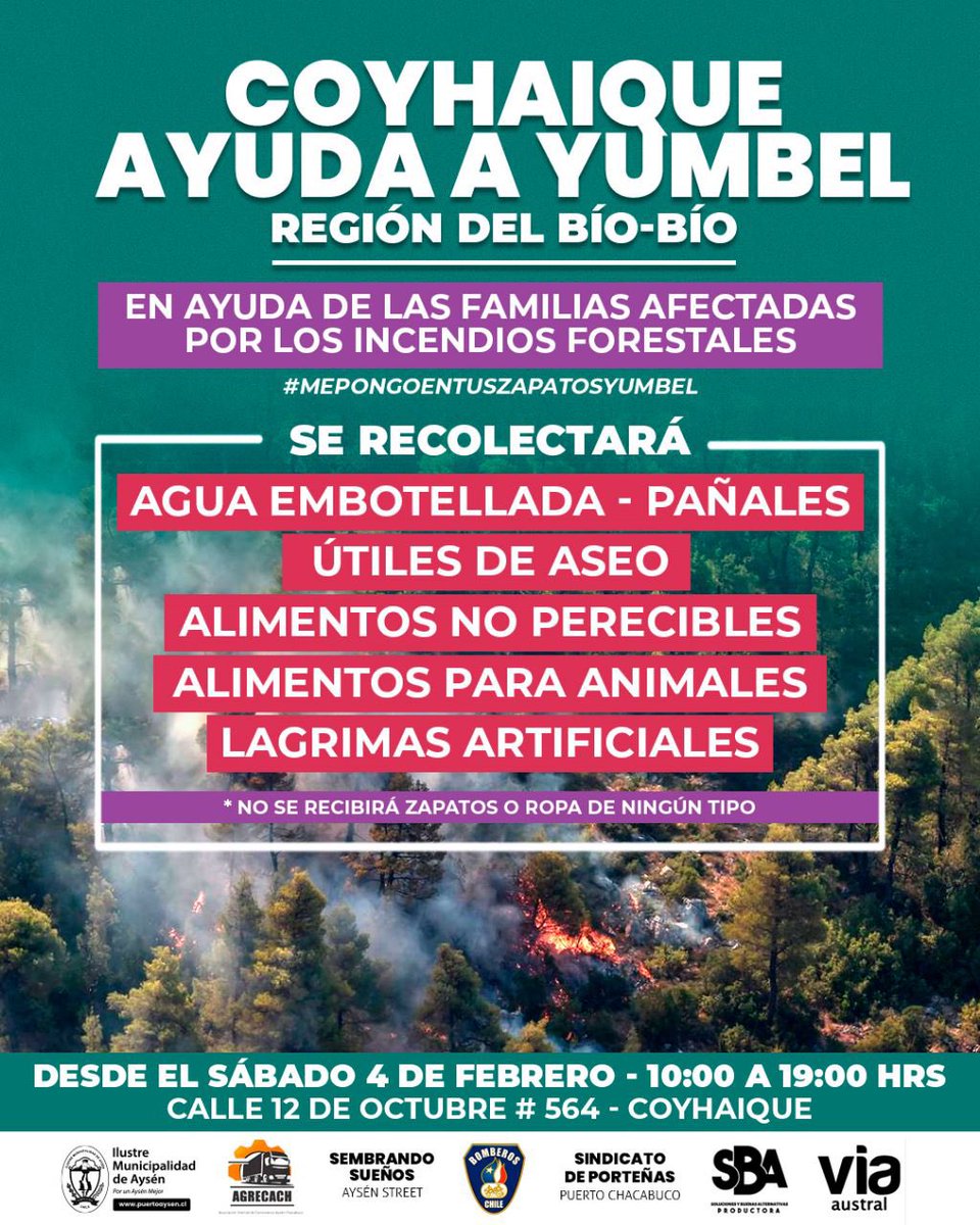 Ahora nos necesitamos todos, estamos siendo partícipe de la campaña #MePongoTusZapatosYumbel, la comuna de #Yumbel no ha recibido ayuda ni aporte de nadie, por eso esta ayuda está focalizada con dicho lugar.

Esta campaña se replicará por toda la región de #Aysén 🙌❤️ #Coyhaique