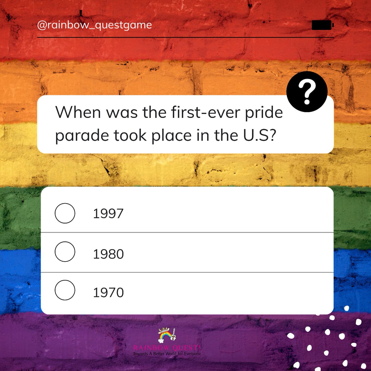 When was the first-ever pride parade  took place in the U.S? 
Comment down!

Rainbow Quest Game 🎮 
CLICK HERE - …ow-quest-treasure-chest.myshopify.com/products/rainb…

Play RAINBOW QUEST!

Order today!

Hurry up!
.
#LGBTQIA #lgbtq #LGBTQさんと繫がりたい #lgbtcommunity #lgbtqa  #lgbtsupport #pride #LGBT