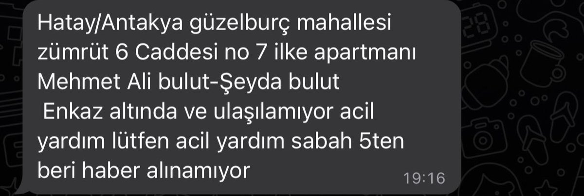 hzbelov's tweet photo. #deprem #Turkey #hatay #earthquake arkadaşımın kuzeni enkaz altında lütfen yayar mısınız https://t.co/4w80A72SNV