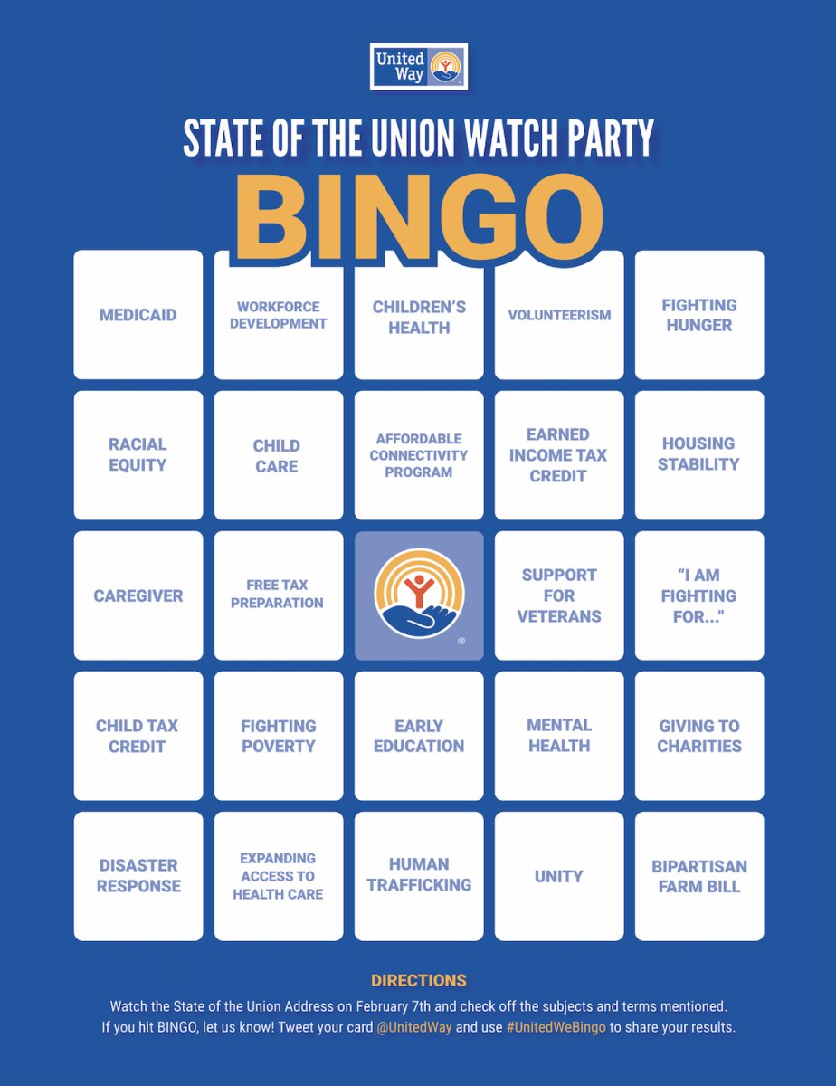 UnitedWay's tweet photo. Are you planning to watch the #StateoftheUnionAddress? Use our BINGO card to track the issues that United Way cares about. Join us! #UnitedWeBingo #SOTU https://t.co/X0lktDN6Ge