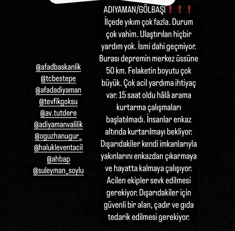 Adıyaman Gölbaşı çok kötü durumda. Yardım gelmedi.insanlar soğukta bekliyor. İlçede birçok ev yıkıldı.Lütfen sesimizi duyurun <a href="/DepremDairesi/">AFAD Deprem</a> <a href="/AFADBaskanlik/">AFAD</a> <a href="/mt_goksu/">Mehmet Tevfik Göksu</a> <a href="/tcbestepe/">T.C. Cumhurbaşkanlığı</a> <a href="/AFADAdiyaman/">AFAD Adıyaman🇹🇷</a> @AKUT_Dernegi <a href="/kilicdarogluk/">Kemal Kılıçdaroğlu</a> <a href="/suleymansoylu/">Süleyman Soylu</a> <a href="/jandarma/">T.C. Jandarma Gn. K</a> <a href="/haluklevent/">Haluk Levent ( Ahbap Ekibi )</a> <a href="/OguzhanUgur/">Oğuzhan Uğur</a> #deprem