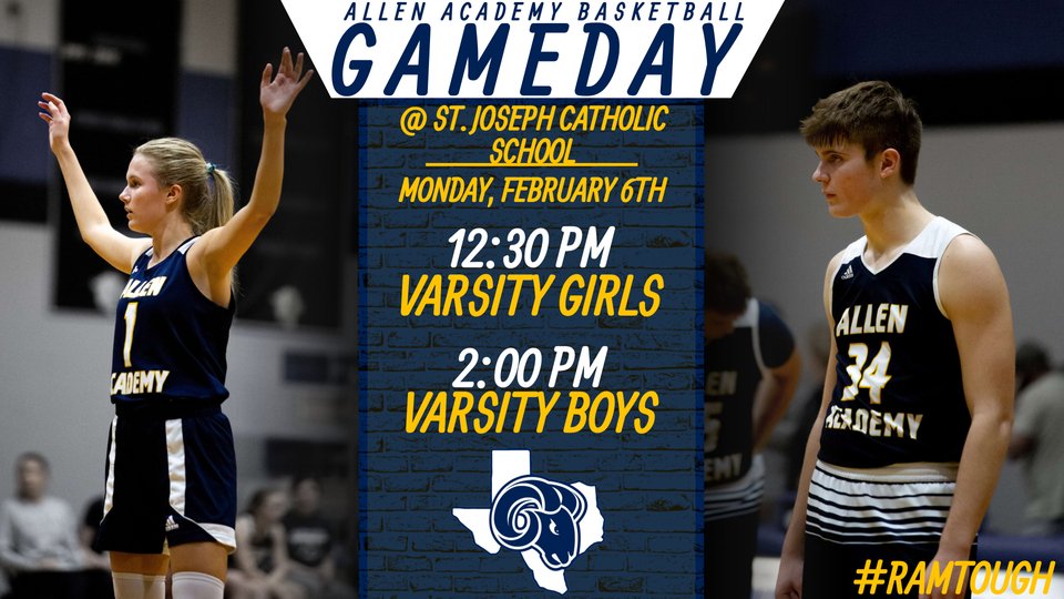 Allen_Athletics's tweet photo. 🏀Varsity Basketball Game Day 🏀

The Varsity Girls &amp; Boys Basketball teams travel 3.6 miles for a battle with St. Joseph Catholic. The Varsity Girls can secure a district title with a win at 12:30 pm. The Varsity Boys will look to sweep the season series at 2:00 pm. 

#RamTough https://t.co/6JTlWyB2Qb