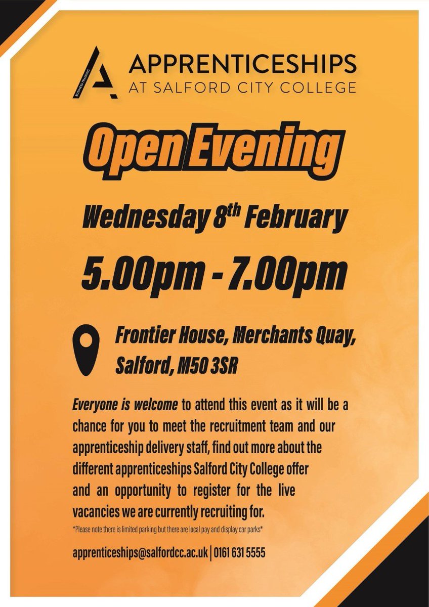 Any Y11 pupils <a href="/MoorsideHigh/">Moorside High School</a> considering apprenticeships after Y11 should try and attend the open event this Wed (8 Feb) with <a href="/SCC_Apprentices/">Apprenticeships at Salford City College</a> - an ideal opportunity to learn how the recruitment team can help you find your apprenticeship!