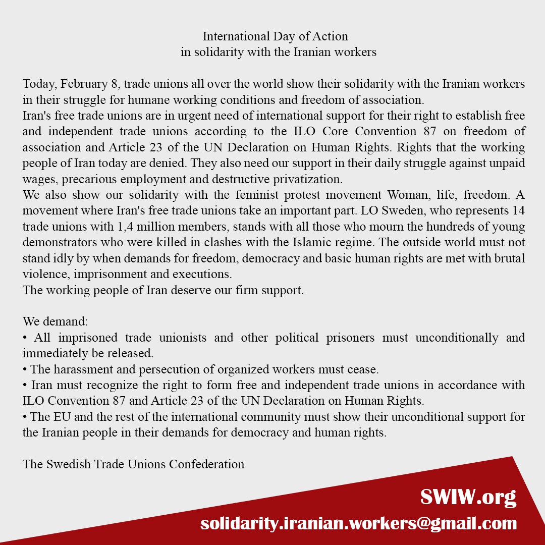 SwiwCommittee's tweet photo. International Day of Action in solidarity with the Iranian workers organised by The Swedish Trade Unions Confederation
#iran #uk #solidarity #workers #iranprotests #freedomequality #unity #world #Mahsa_Amini #WomenLifeFreedom #Sweden https://t.co/DMxqxboDXf