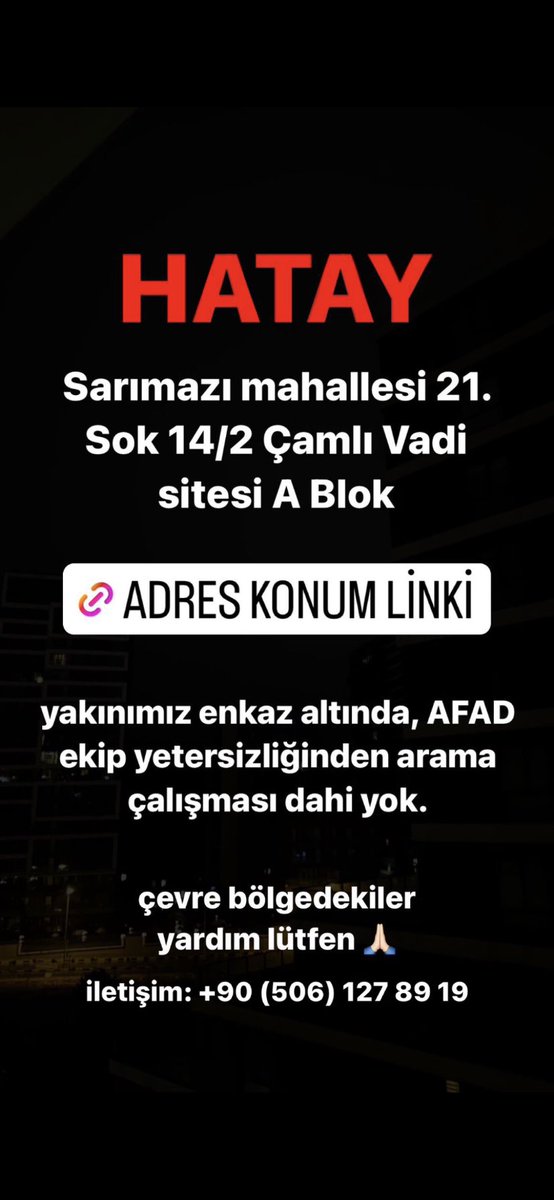 sevale_'s tweet photo. HATAY ! Saatlerdir enkaz altında yakınımız , lütfen iletin , iletelim! @ahbaphatay @ahbap 
konum  : 36°31'01.5"N 36°10'08.9"E
https://t.co/LRPd5GMQgq https://t.co/py2B3QQElH